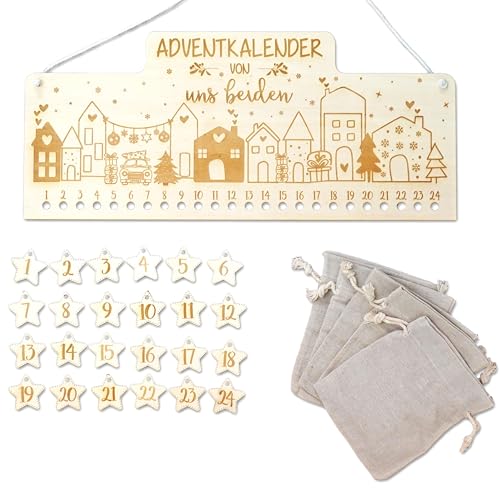 FEENSTAUB Personalisierter Adventskalender, wiederverwendbarer Adventskalender Holz, Adventskalender Brett graviert, Holzleiste Adventskalender zum Aufhängen, DIY Weihnachtskalender Weihnachtsdorf von Feenstaub