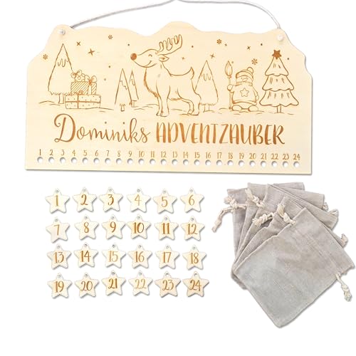 FEENSTAUB Personalisierter Adventskalender, wiederverwendbarer Adventskalender Holz, Adventskalender Brett graviert mit Namen, Holzleiste Adventskalender zum Aufhängen, DIY Adventkalender Rentier von Feenstaub