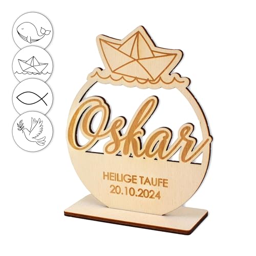 FEENSTAUB Tischdeko Taufe, personalisierter Tischaufsteller aus Holz, Deko Tauffeier, Holzdeko mit Namen, Cake Topper mit Taufsymbol, Topper Taufe Name personalisiert von Feenstaub