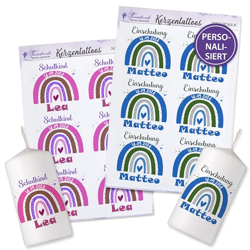 FEENSTAUB Kerzentattoos Einschulung, personalisierte Deko Schuleinführung, Einschulung Deko selber machen, DIY Tischdeko Einschulungsfeier Kerzenfolie, Deko zum Schulanfang, Regenbogen von Feenstaub