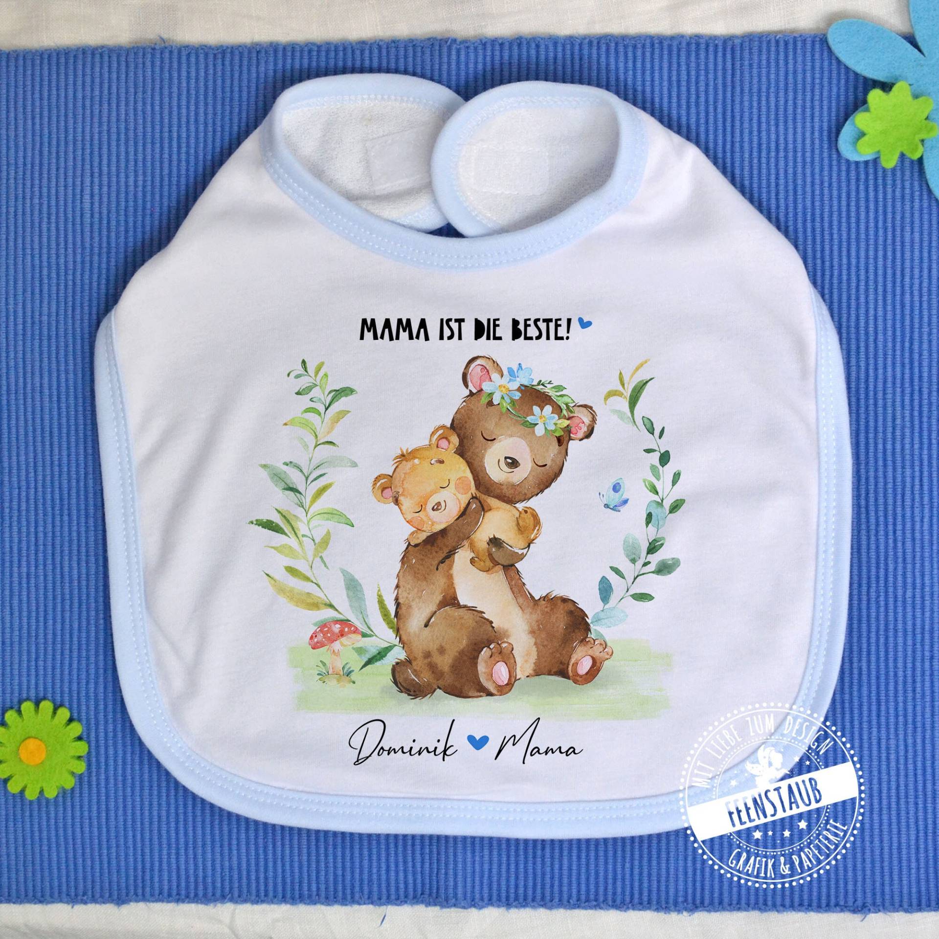 Baby-Lätzchen Mit Namen Personalisiert - Geschenk Zur Geburt, Muttertag Oder Den 1. Geburtstag, Rosa Und Blau, Mama Ist Die Beste Bären von FeenstaubHandmade