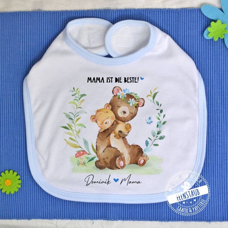 Baby-Lätzchen Mit Namen Personalisiert - Geschenk Zur Geburt, Muttertag Oder Den 1. Geburtstag, Rosa Und Blau, Mama Ist Die Beste Bären von FeenstaubHandmade