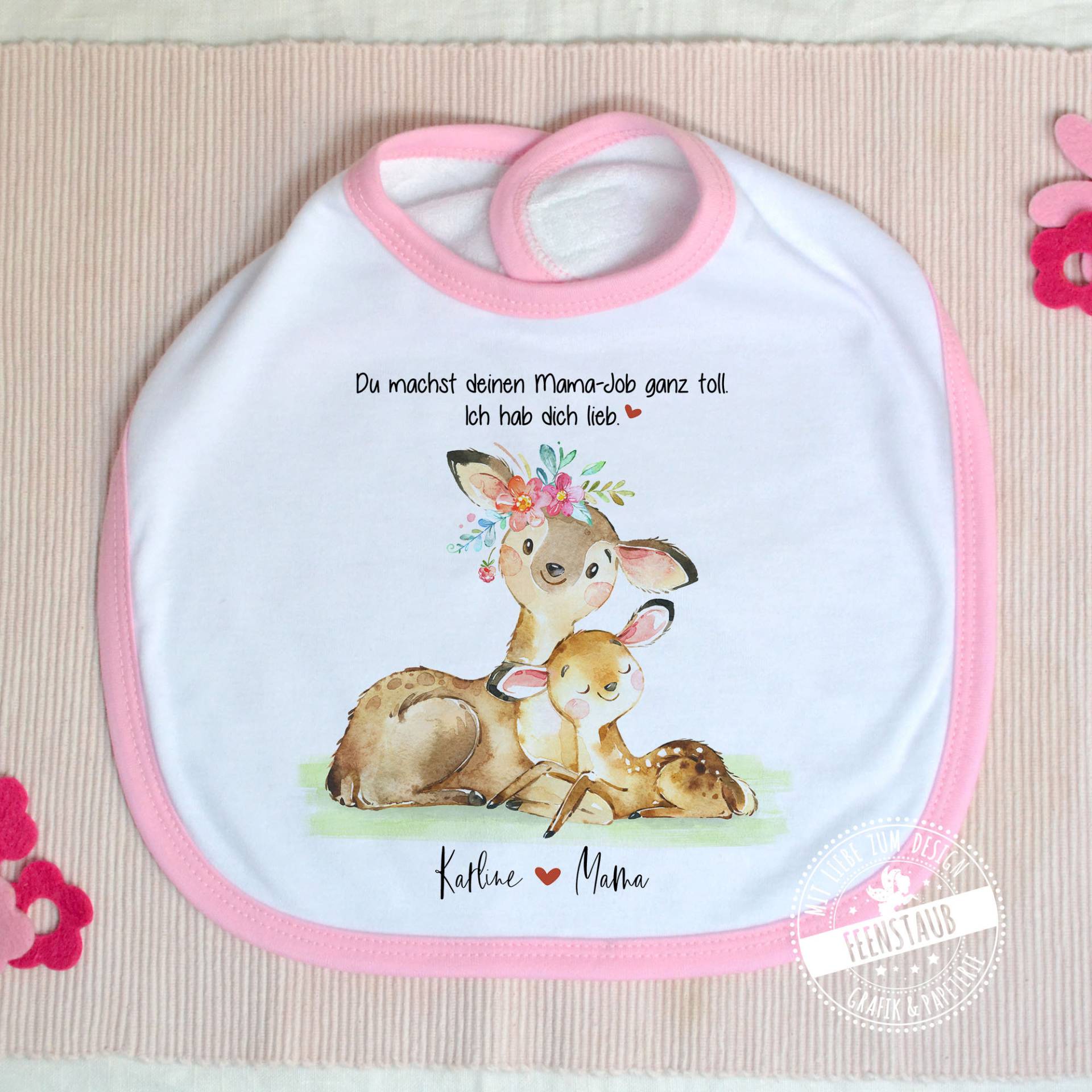 Baby-Lätzchen Mit Namen Personalisiert - Geschenk Zur Geburt, Muttertag Oder Den 1. Geburtstag, Rosa Und Blau, Mama Ist Die Beste Rehe von FeenstaubHandmade