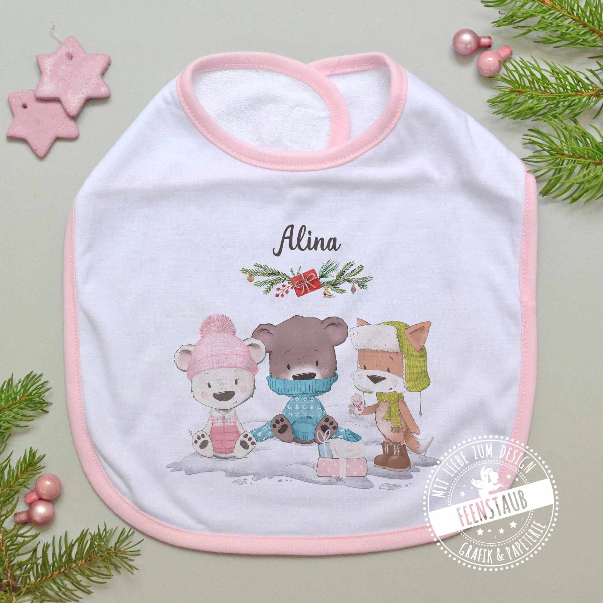 Erstes Weihnachten Baby Geschenk Als Erinnerung - Baby-Lätzchen Personalisiert Mit Namen, Zum Nikolaus, Rosa Und Blau Tieren von FeenstaubHandmade