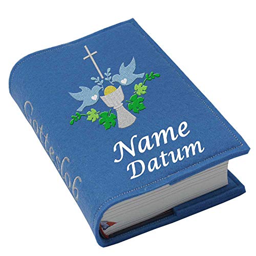 Gotteslob Gotteslobhülle Hülle Kelch blau Filz mit Namen bestickt Einband Umschlag personalisierte Gesangbuchhülle, Farbe:blau von Feenstickerei
