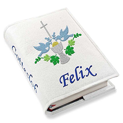 Gotteslob Gotteslobhülle Hülle Kelch blau Filz mit Namen bestickt Einband Umschlag personalisierte Gesangbuchhülle, Farbe:weiß von Feenstickerei