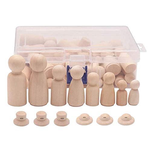 Fegtrtyoa HöLzerne Peg Dolls, 56PCS Unvollendete Dekorative DIY Angel Tiny Doll Bodies Gemalte NatüRliche Menschen mit HüTen von Fegtrtyoa