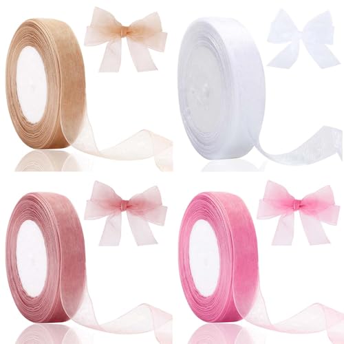 4 Rollen Chiffonband, Geschenkband Rosa, Schleifenband Rosa, Satinband Weiß Und Orange, 35m Organzaband 15mm Breit Chiffo Geschenkband, Ribbon Bänder Zum Basteln Für Geschenkverpackung von FeiOne