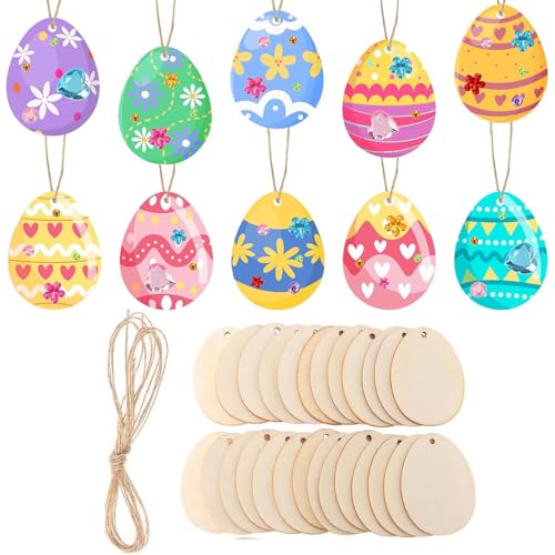 40pcs Ostereier zum + Jutebänder(10 meter) Ostereier Deko bemalen Set, Ostern Holzanhänger, Ostern Eier Holzscheiben mit Loch mit Schnur, Easter Eggs, DIY Basteln zum Bemalen Holz Anhänger von FeiOne