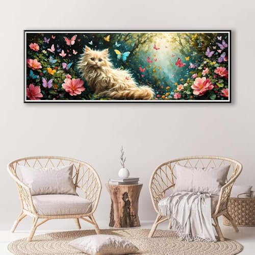 5D Diamond Painting Katze Diamant Painting Bilder Erwachsene,DIY Schmetterling Diamond Painting Kits,Runde Steine Diamant Malerei Kunst Bastelset für Wohnzimmer Schlafzimmer Wanddeko 40 x 120 cm P-873 von FeiPride