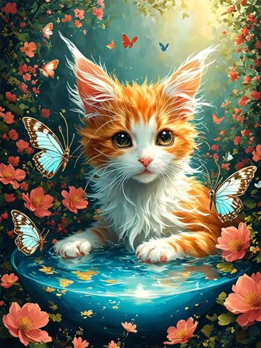 Diamond Painting Katze Diamond Painting Erwachsene Kinder, 5D Diamant Painting Bilder Blume Diamond Painting Eckige Steine, DIY Full Drill Diamond Painting Set für Home Wand Deko 30 x 40 cm A-120 von FeiPride