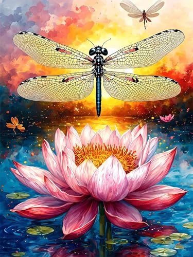 Diamond Painting Lotus Diamond Painting Erwachsene Kinder, 5D Diamant Painting Bilder Libelle Diamond Painting Eckige Steine, DIY Full Drill Diamond Painting Set für Home Wand Deko 30 x 40 cm A-117 von FeiPride