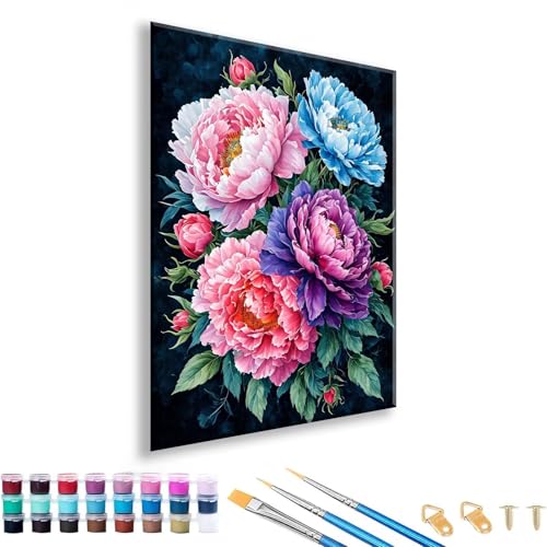 Malen nach Zahlen Erwachsene Blume Malen nach Zahlen Pfingstrose Paint by Numbers Adult DIY Handgemalt Ölgemälde Set Mit 3 Pinseln und Acrylfarbe, Paint by Numbers für Zimmer Deko 30 x 40 cm Z-5 von FeiPride