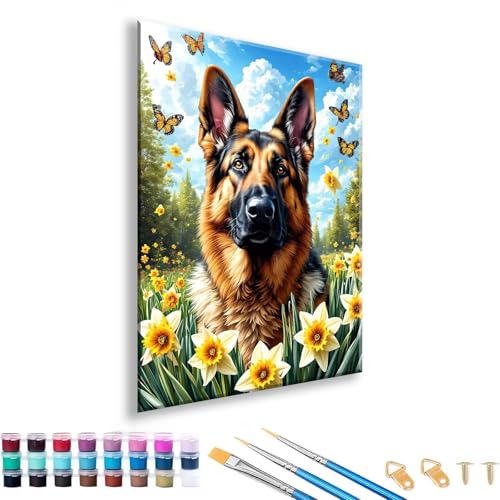 Malen nach Zahlen Erwachsene Hund Malen nach Zahlen Blume Paint by Numbers Adult DIY Handgemalt Ölgemälde Set Mit 3 Pinseln und Acrylfarbe, Painting by Numbers für Deko Wohnzimmer 40 x 50 cm C-9 von FeiPride