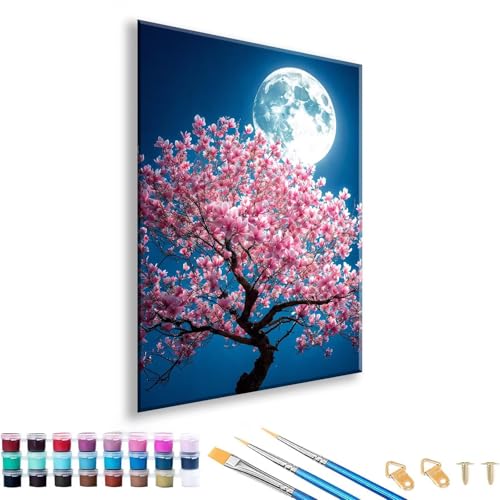 Malen nach Zahlen Erwachsene Mond Malen nach Zahlen Baum Paint by Numbers Adult DIY Handgemalt Ölgemälde Set Mit 3 Pinseln und Acrylfarbe, Paint by Numbers für Geschenk Deko Wohnzimmer 70 x 90 cm U-5 von FeiPride