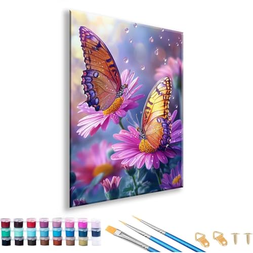 Malen nach Zahlen Erwachsene Schmetterling Malen nach Zahlen Blume Paint by Numbers Adult DIY Handgemalt Ölgemälde Set Mit 3 Pinseln und Acrylfarbe, Paint by Numbers für Zimmer Deko 60 x 80 cm P-7 von FeiPride