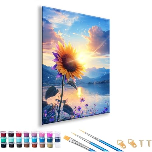 Malen nach Zahlen Erwachsene Sonnenblume Malen nach Zahlen Landschaft Paint by Numbers Adult DIY Handgemalt Ölgemälde Set Mit 3 Pinseln und Acrylfarbe für Geschenk Deko Wohnzimmer 60 x 80 cm Q-6 von FeiPride