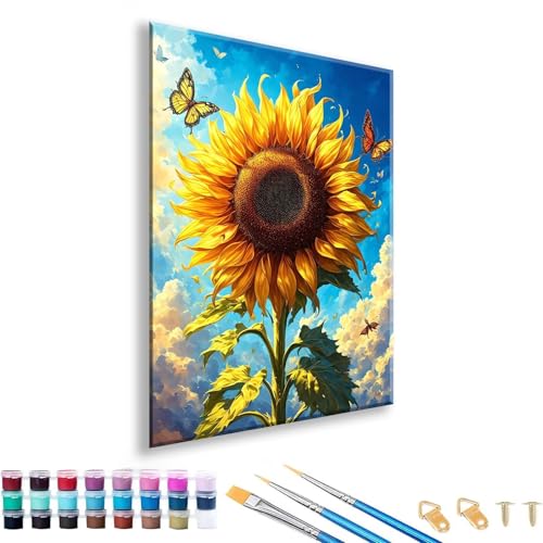 Malen nach Zahlen Erwachsene Sonnenblume Malen nach Zahlen Schmetterling Paint by Numbers Adult DIY Handgemalt Ölgemälde Set Mit 3 Pinseln und Acrylfarbe für Geschenk Deko Wohnzimmer 70 x 90 cm M-8 von FeiPride