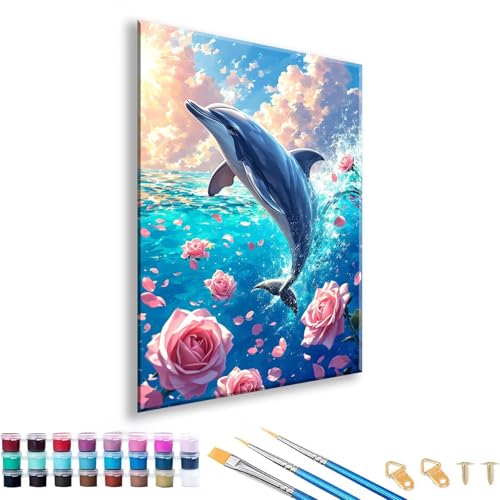 Malen nach Zahlen ab 7 8 9 10 11 12 Jahre Mädchen, Malen nach Zahlen Erwachsene Delphin Paint by Numbers Blume DIY Painting by Numbers Set für Deko Wohnzimmer, Geschenke für Frauen 90 x 120 cm V-1 von FeiPride