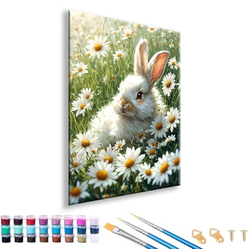 Malen nach Zahlen ab 7 8 9 10 11 12 Jahre Mädchen, Malen nach Zahlen Erwachsene Kaninchen Paint by Numbers Blume DIY Painting by Numbers Set für Deko Wohnzimmer, Geschenke für Frauen 60 x 80 cm I-4 von FeiPride