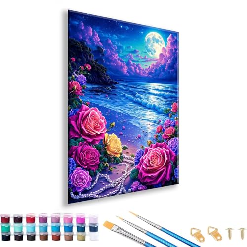 Malen nach Zahlen ab 7 8 9 10 11 12 Jahre Mädchen, Malen nach Zahlen Erwachsene Mond Paint by Numbers Kinder Blume DIY Painting by Numbers Set für Deko Wohnzimmer, Geschenke für Frauen 30 x 40 cm G-3 von FeiPride