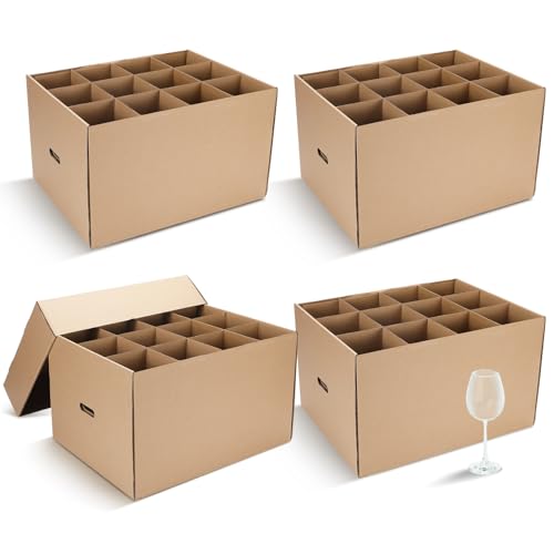 Feifeiya Umzugskartons aus Kraftpapier, 50,8 x 38,1 x 30,5 cm, große Umzugskartons mit Deckel, Weinglas-Verpackungsboxen für Umzugskartons mit Griff, Glaswaren, Umzugskartons, 4 Stück von Feifeiya