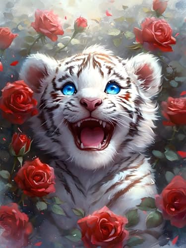 DIY Diamond Painting Erwachsene Kits, Rose Diamant Painting Bilder Kinder, 5D Diamond Painting Set Tiger Mosaikherstellung, Full Drill Cross Stickerei Malerei Kits für Deko Schlafzimmer 50x70cm H-4 von Feionnug