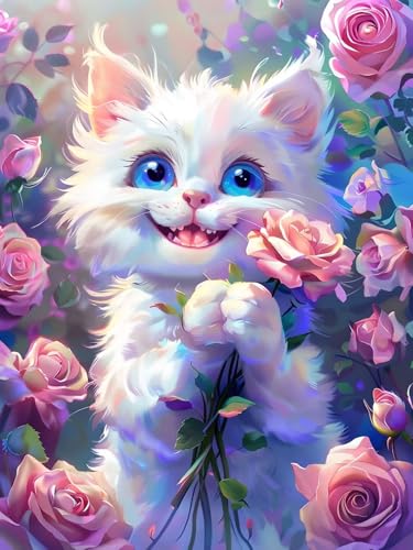 Diamond Painting Erwachsene, Diamant Painting Bilder Katze, 5D Rose Diamond Art Painting Kit, Cross Stickerei Bastelset, Vollbohrer Strass Kristall Kunst Malerei Kits für Zimmer Wanddeko 60x80 cm B-0 von Feionnug