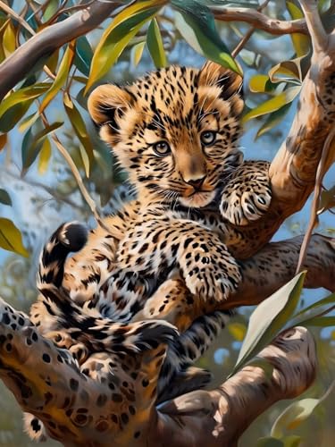 Diamond Painting Erwachsene, Diamant Painting Bilder Leopard, 5D Baum Diamond Art Painting Kit, Cross Stickerei Bastelset, Vollbohrer Strass Kristall Kunst Malerei Kits für Home Wanddeko 30x40 cm N-5 von Feionnug