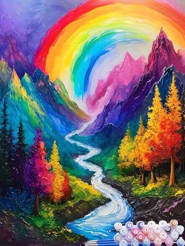 Malen Nach Zahlen Berg, DIY Malen nach Zahlen für Erwachsene Bastelset, Acrylfarben Kunst Inklusive Pinsel, Regenbogen Paint by Numbers für Deko Wohnzimmer Aesthetic Geschenke für Frauen 40x50cm K-3 von Feionnug