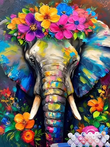 Malen Nach Zahlen Blume, DIY Malen nach Zahlen für Erwachsene Bastelset, Acrylfarben Kunst Inklusive Pinsel, Elefant Paint by Numbers für Deko Wohnzimmer Aesthetic Geschenke für Frauen 40x50cm S-8 von Feionnug