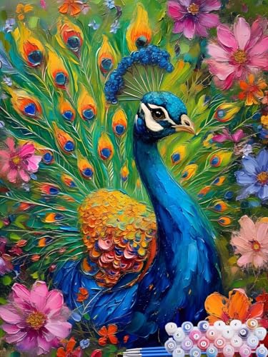 Malen Nach Zahlen Blume, DIY Malen nach Zahlen für Erwachsene Bastelset, Acrylfarben Kunst Inklusive Pinsel, Pfau Paint by Numbers für Deko Wohnzimmer Aesthetic Geschenke für Frauen 60x90cm B-9 von Feionnug