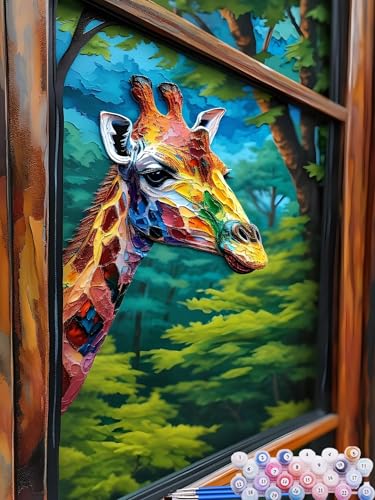 Malen Nach Zahlen Fenster, DIY Malen nach Zahlen für Erwachsene Bastelset, Acrylfarben Kunst Inklusive Pinsel, Giraffe Paint by Numbers für Deko Wohnzimmer Aesthetic Geschenke für Frauen 60x70cm Q-9 von Feionnug