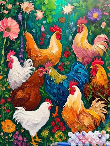 Malen Nach Zahlen Huhn, DIY Malen nach Zahlen für Erwachsene Bastelset, Acrylfarben Kunst Inklusive Pinsel, Blume Paint by Numbers für Deko Wohnzimmer Aesthetic Geschenke für Frauen 50x70cm E-0 von Feionnug