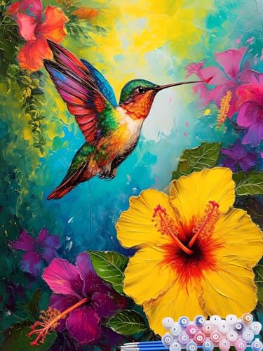 Malen Nach Zahlen Kolibri, DIY Malen nach Zahlen für Erwachsene Bastelset, Acrylfarben Kunst Inklusive Pinsel, Blume Paint by Numbers für Deko Wohnzimmer Aesthetic Geschenke für Frauen 60x90cm L-8 von Feionnug