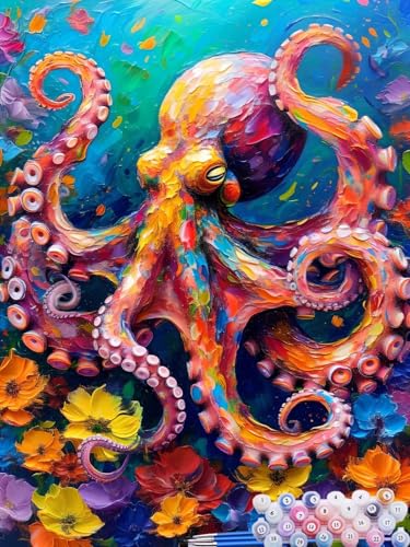 Malen Nach Zahlen Oktopus, DIY Malen nach Zahlen für Erwachsene Bastelset, Acrylfarben Kunst Inklusive Pinsel, Blume Paint by Numbers für Deko Wohnzimmer Aesthetic Geschenke für Frauen 40x50cm G-7 von Feionnug