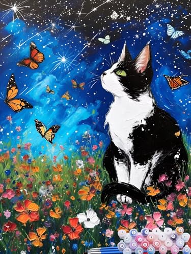 Malen Nach Zahlen Schmetterling, DIY Malen nach Zahlen für Erwachsene Bastelset, Acrylfarben Kunst Inklusive Pinsel, Katze Paint by Numbers Deko Wohnzimmer Aesthetic Geschenke für Frauen 30x40cm N-1 von Feionnug