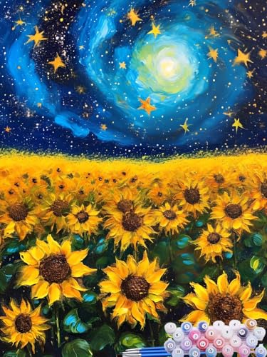 Malen Nach Zahlen Sternenhimmel, DIY Malen nach Zahlen für Erwachsene Bastelset, Acrylfarben Kunst Inklusive Pinsel, Sonnenblume Paint by Numbers Deko Wohnzimmer Geschenke für Frauen 60x90cm J-9 von Feionnug