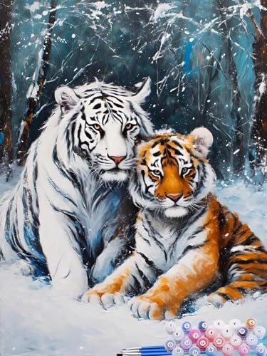 Malen Nach Zahlen Tiger, DIY Malen nach Zahlen für Erwachsene Bastelset, Acrylfarben Kunst Inklusive Pinsel, Schnee Paint by Numbers für Deko Wohnzimmer Aesthetic Geschenke für Frauen 40x50cm C-5 von Feionnug