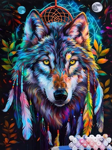 Malen Nach Zahlen Wolf, DIY Malen nach Zahlen für Erwachsene Bastelset, Acrylfarben Kunst Inklusive Pinsel, Feder Paint by Numbers für Deko Wohnzimmer Aesthetic Geschenke für Frauen 60x70cm X-8 von Feionnug