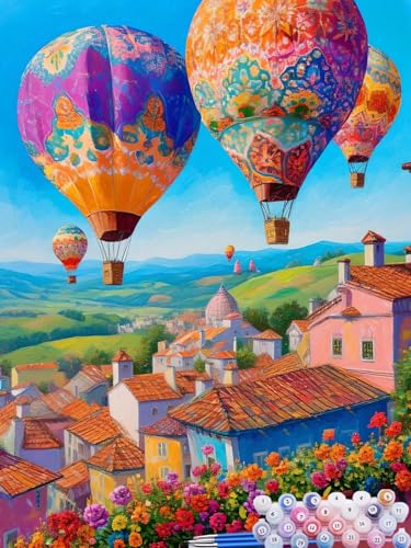 Malen nach Zahlen Erwachsene Heißluftballon, Paint by Numbers for Kinder Stadt, DIY Handgemalt Ölgemälde Kit inklusive Pinsel und Acrylfarben für Anfänger Zimmer Deko Wanddeko Ohne Rahmen 40x50cm C-3 von Feionnug