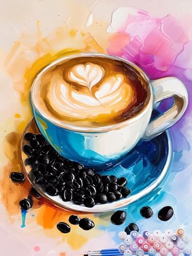 Malen nach Zahlen Erwachsene Kaffee, Paint by Numbers for Kinder Tasse, DIY Handgemalt Ölgemälde Kit inklusive Pinsel und Acrylfarben für Anfänger für Zimmer Deko Wanddeko Ohne Rahmen 60x80cm N-8 von Feionnug