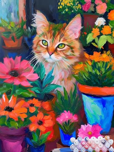 Malen nach Zahlen Erwachsene Katze, Paint by Numbers for Kinder Blume, DIY Handgemalt Ölgemälde Kit inklusive Pinsel und Acrylfarben für Anfänger für Zimmer Deko Wanddeko Ohne Rahmen 40x50cm Q-6 von Feionnug