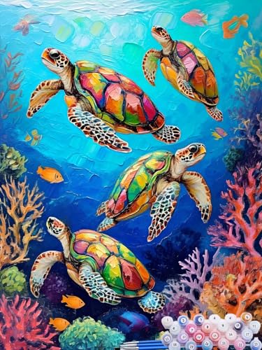 Malen nach Zahlen Erwachsene Koralle, Paint by Numbers for Kinder Schildkröte, DIY Handgemalt Ölgemälde Kit inklusive Pinsel und Acrylfarben für Anfänger Zimmer Deko Wanddeko Ohne Rahmen 60x80cm R-2 von Feionnug