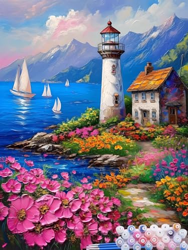 Malen nach Zahlen Erwachsene Leuchtturm, Paint by Numbers for Kinder Landschaft, DIY Handgemalt Ölgemälde Kit inklusive Pinsel und Acrylfarben für Anfänger Zimmer Deko Wanddeko Ohne Rahmen 60x90cm L-2 von Feionnug