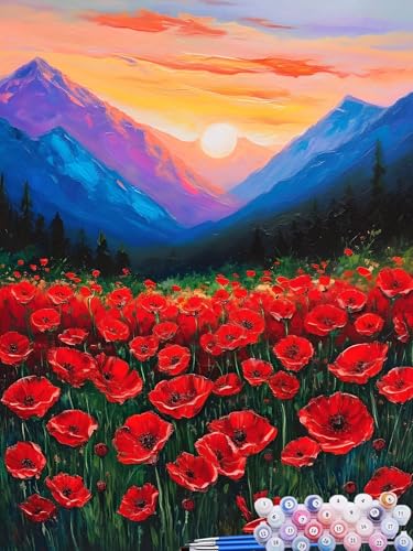 Malen nach Zahlen Erwachsene Mohn, Paint by Numbers for Kinder Berg, DIY Handgemalt Ölgemälde Kit inklusive Pinsel und Acrylfarben für Anfänger für Zimmer Deko Wanddeko Ohne Rahmen 50x70cm Z-3 von Feionnug