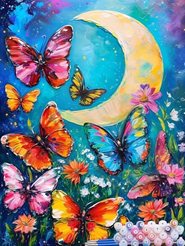 Malen nach Zahlen Erwachsene Mond, Paint by Numbers for Kinder Schmetterling, DIY Handgemalt Ölgemälde Kit inklusive Pinsel und Acrylfarben für Anfänger Zimmer Deko Wanddeko Ohne Rahmen 40x50cm B-7 von Feionnug