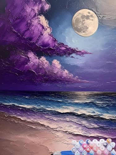 Malen nach Zahlen Erwachsene Mond, Paint by Numbers for Kinder Strand, DIY Handgemalt Ölgemälde Kit inklusive Pinsel und Acrylfarben für Anfänger für Zimmer Deko Wanddeko Ohne Rahmen 60x90cm C-1 von Feionnug