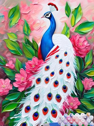 Malen nach Zahlen Erwachsene Pfau, Paint by Numbers for Kinder Blume, DIY Handgemalt Ölgemälde Kit inklusive Pinsel und Acrylfarben für Anfänger für Zimmer Deko Wanddeko Ohne Rahmen 30x40cm R-0 von Feionnug