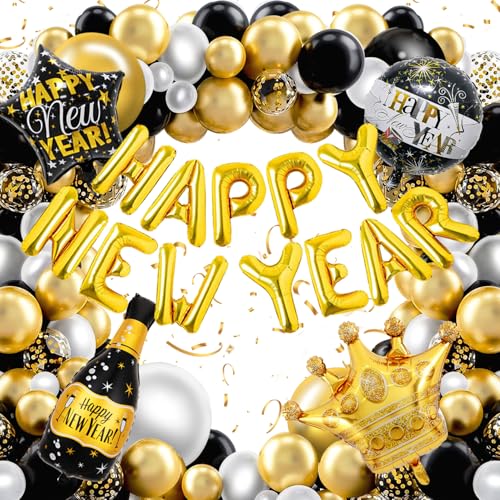 Happy New Year Dekorationen 2025 Schwarz Gold Silvester Dekorationen Happy New Year Ballon Set Happy New Year Party Dekoration Neujahr Ballonbogen für Silvester Party Dekoration Supplies 2025 von Feiyayi